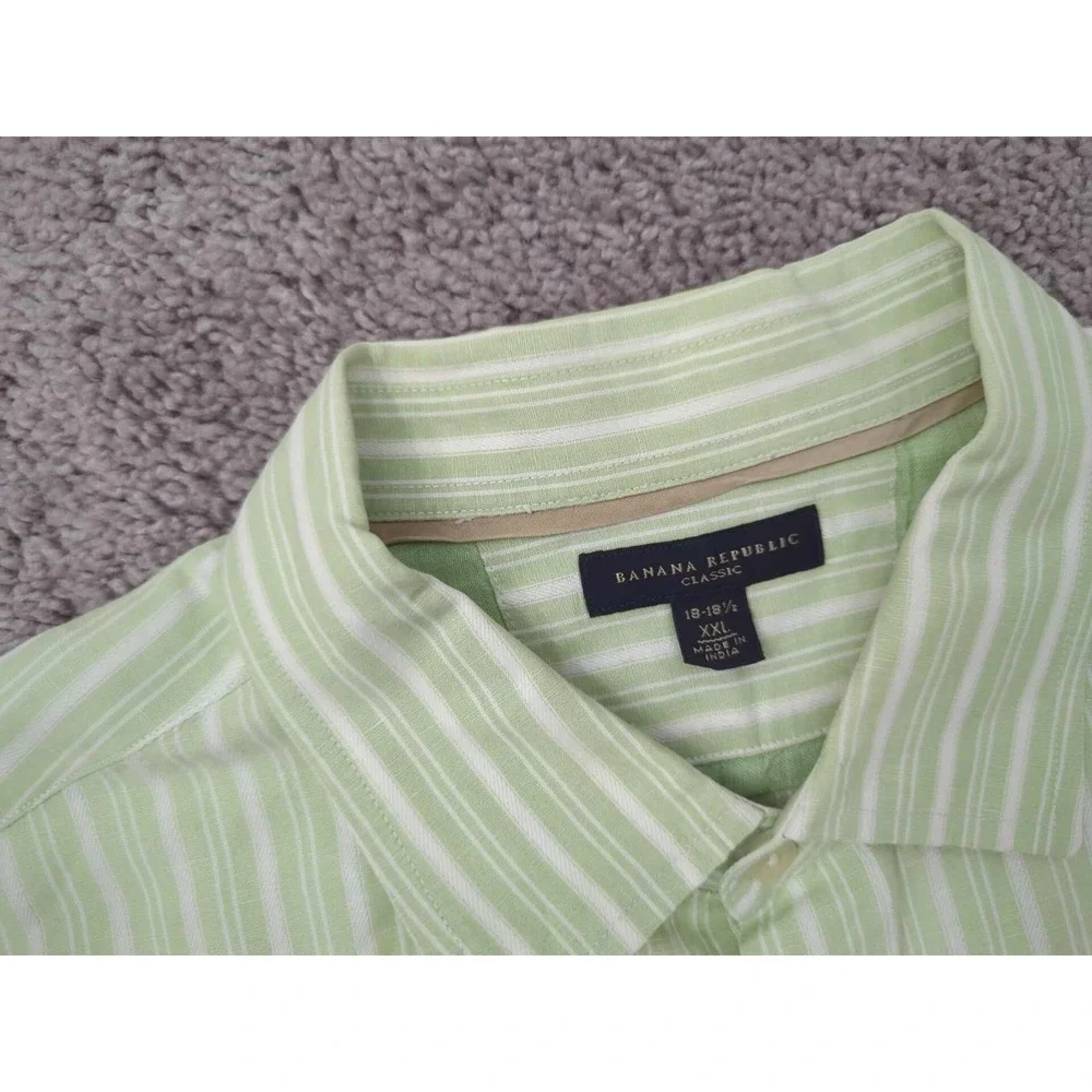 Banana Republic‎ Button Up Shirt Mens 18-18.5 Green Striped 58% Linen Classic